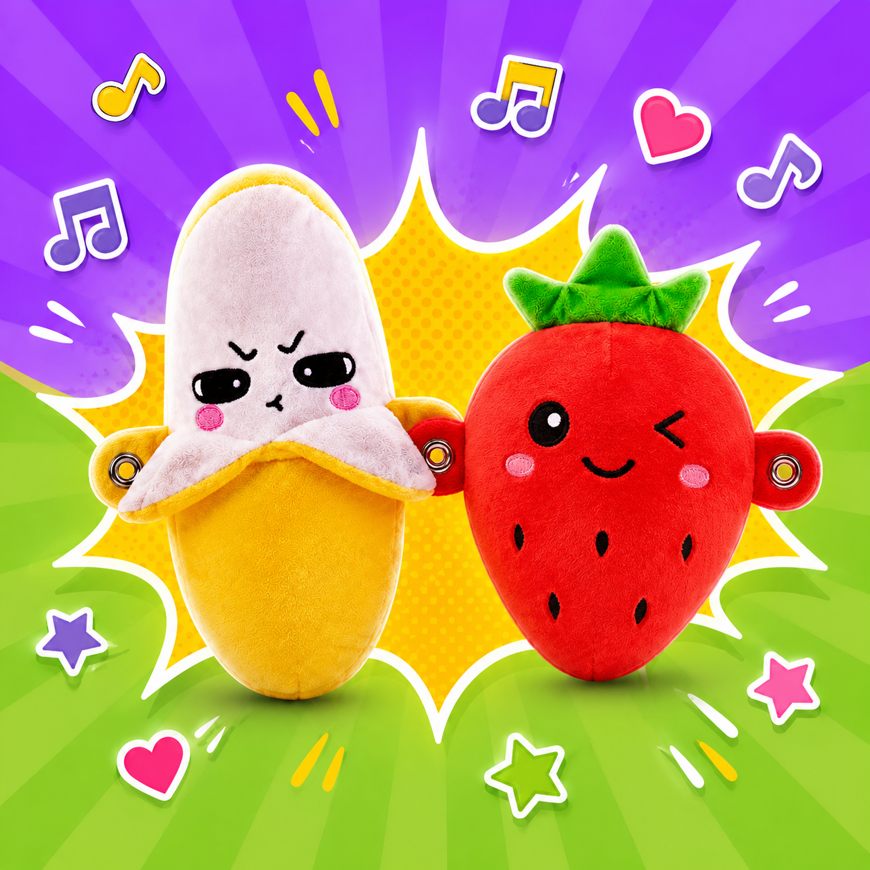 Banana and Strawberry magnetic plush toys holding hands